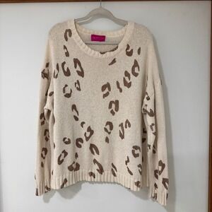 Time After Time Leopard Print Knit Sweater Women Large Cream Brown | Boho Cozy